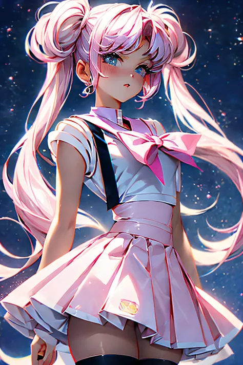 Menina branca, pink hair with braids and bangs, usa uma saia curta rosa com pregas estilo estudante, mid-length pants, coxas brancas, uma camisa sem mangas com gola de marinheiro, Estilo Sailor Moon