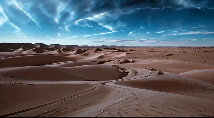 A desert with a fantasy sky.