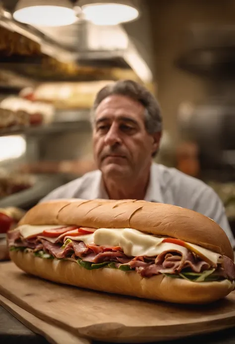 A photo of a huge Italian hoagie with layers of meat, cheese, and veggies,original,Angry deli dude is a middle aged Italian man that works at a deli making sandwiches , male