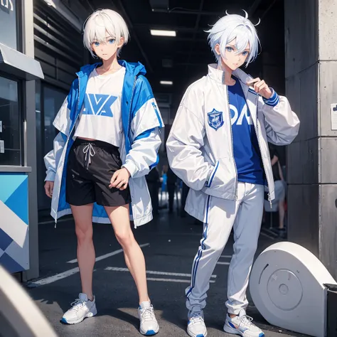 Young man asia with white hair but a strand of his hair is blue and  blue eyes wear blue t-shirt and white jacket and shorts and sneakers