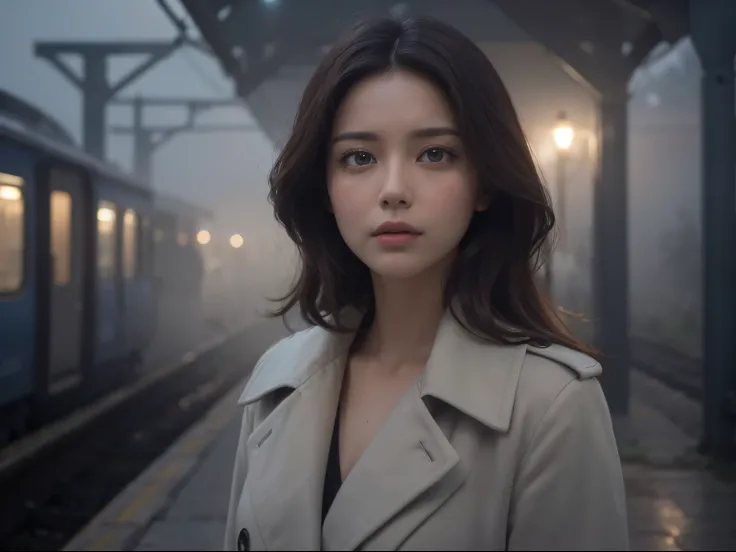 Upper body close-up image.A beautiful woman stands at an unmanned train station in the countryside with a worried look on her face. A mysterious fog is gathering around them. The time is night. Dark brown hair. Beautiful double eyes. The bridge of my nose....