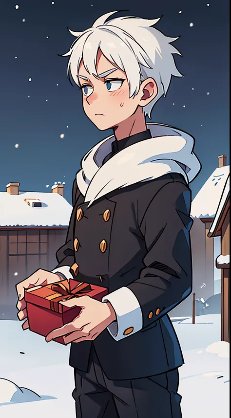 White hair male, black clothes, in snow , Christmas