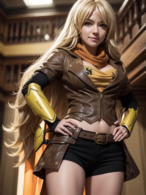 (masterpiece,
best quality:1.2), yang_xiao_long from rwby, cowboy shot, solo, 
1girl, yang xiao long, grin, hand on hip, very lo...