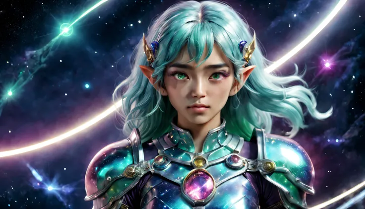 jeune elfe asiatique, profondeur de champs,  8k resolution, cheveux bleu, yeux vert, cheveux moyens, Neon rayons, multicolores, seulement, Regardez le spectateur, paladin en armure ,  dans lespace, photoreallistic