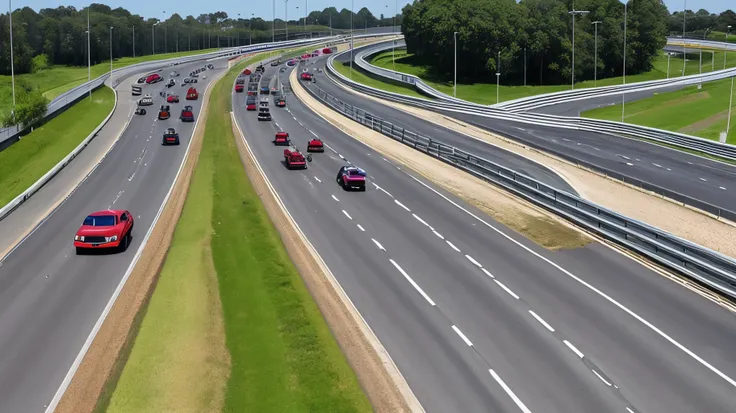 Please make a picture of a freeway with two lanes where all the high speed cars are racing on the other way and only one old car is driving on the other way and asking, excuse me, where is the roundabout.