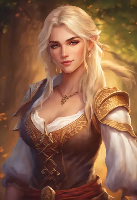 Portrait, beautiful, twenty years old, blonde, female, mage, warrior, toned, fit, confident, brat