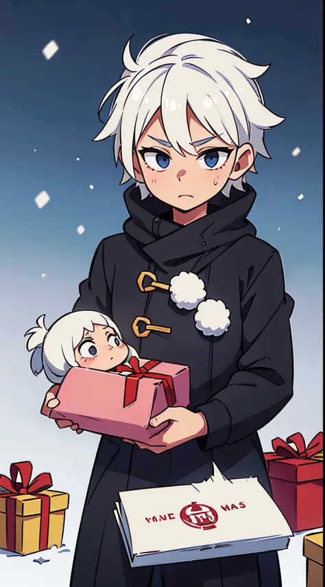 White hair male, black clothes, in snow , Christmas