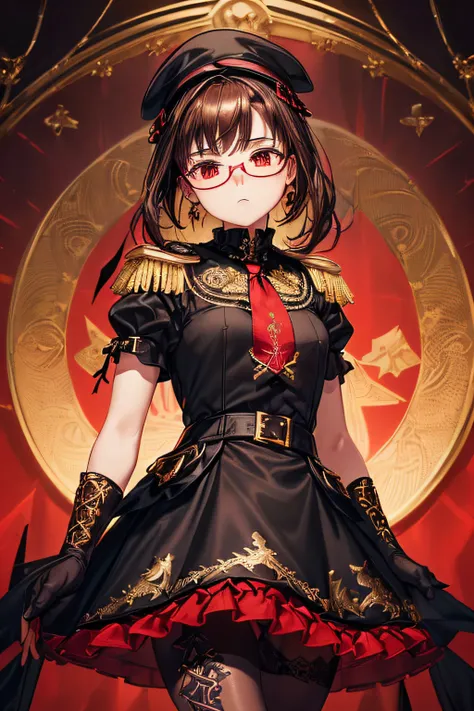 ((worst quality, low-quality)), ((a closeup)), (girl with:1.2), (Under-rim glasses:1.3), (Black and Gold theme:1.4), ((Gothic Lolita Dress, black military top):1.3), (black sundress with collar:1.4), (black multilayer skirt with red ruffles:1.4), (Black Pe...