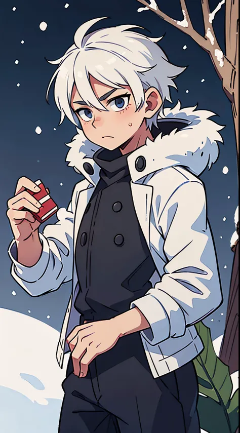 White hair male, black clothes, in snow , Christmas