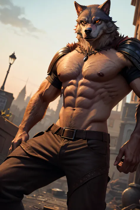 (1 werewolf), white eyes, halfbody shot, muscular, (solid color background, 8k quality, highly detailed), body armor