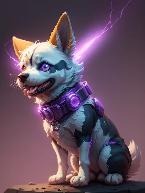 A cute Cartoon dog with glowing eyes and a collar sitting on a purple background with neon purple outline & does have bite a bone on its mouth generative ai