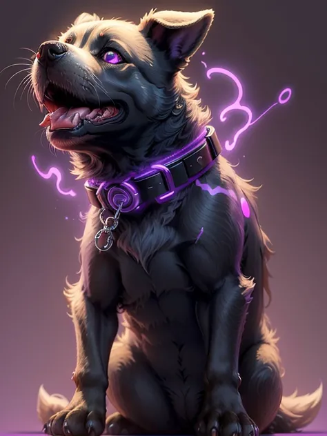 A cute Cartoon dog with glowing eyes and a collar sitting on a purple background with neon purple outline & does have bite a bone on its mouth generative ai