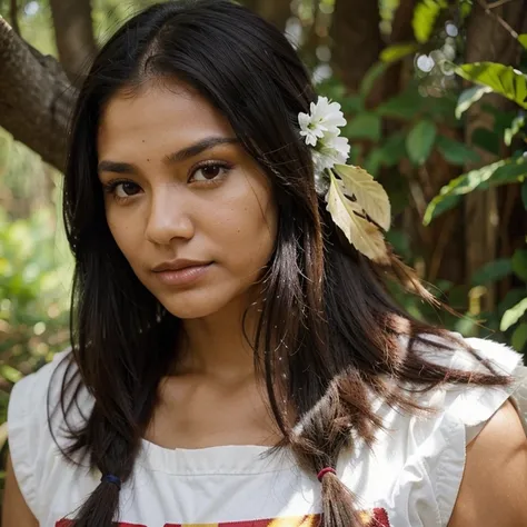 Indigenous women, cabelos longos e pretos olhos puxados na floresta