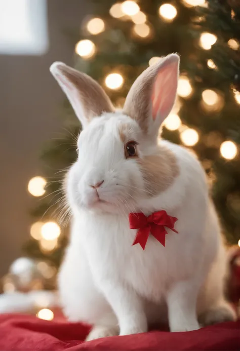 rabbit, Wear a Santa Claus hat and a red bow.，The Christmas tree is lit up in the background., fresh and cute，Warm color palette，Warm scenes，smiling girl，cozy，natural light，soft colors