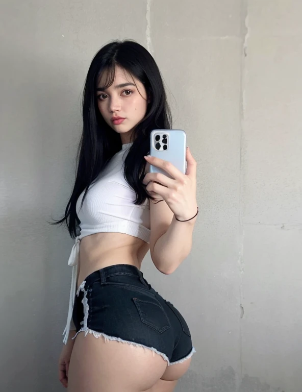 um close up de uma pessoa segurando um celular em um quarto, Ela tem cabelo preto com franja, cabelo preto longo com franja, Menina anime na vida real, roupa apertada, cabelo preto e franja branca, Modelo do Instagram, Tifa Lockhart, She has black hair, wh...