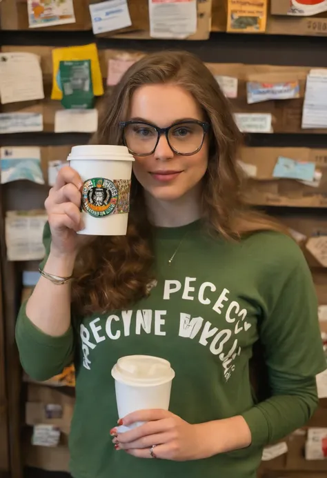 A photo of Skyler holding a reusable coffee mug covered in protest stickers, with a sign that reads Reduce, Reuse, Recycle!,original,Meet Skyler Green, a university student who prides themselves on being the epitome of wokeness, often seen sporting a colle...