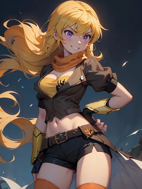 (masterpiece,
best quality:1.2), yang_xiao_long from rwby, cowboy shot, solo, 
1girl, yang xiao long, grin, hand on hip, very lo...