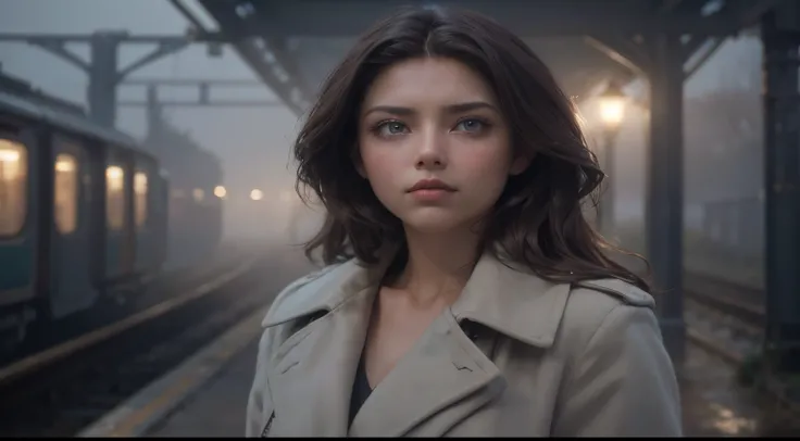 Upper body close-up image.A beautiful woman stands at an unmanned train station in the countryside with a worried look on her face. A mysterious fog is gathering around them. The time is night. Dark brown hair. Beautiful double eyes. The bridge of my nose....