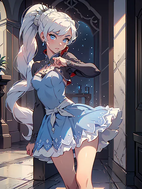 (masterpiece, best quality:1.2), (Weiss Schnee (Rwby)), ((small breasts, perky breasts:1.5, best nose, medium lips:1.5, glossy lips:1.5, vertical scar over eye:1.5, large eyes)) cowboy shot, solo, 1girl, weissvale, serious expression, closed mouth, looking...