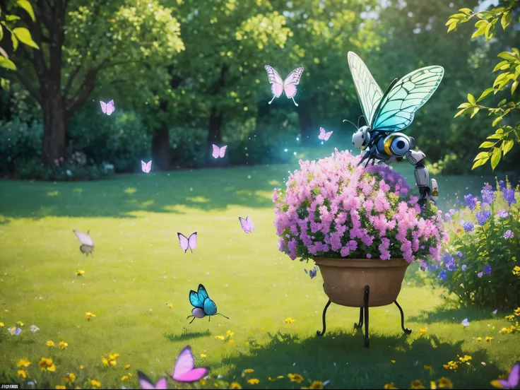 playfully blend ai and organic elements in a whimsical landscape, featuring robotic butterflies pollinating pixelated flowers an...