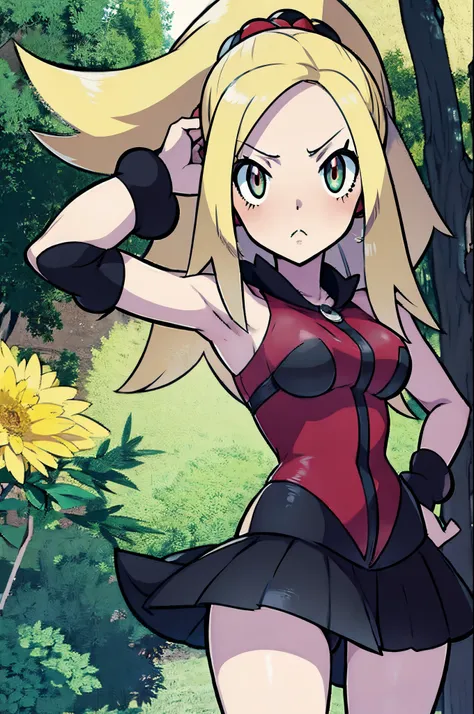 pokemon trainer, goth rock girl, fatal female, beautiful girl, serious, blonde hair, tattoo, ken sgimori style, pokemon style, a...