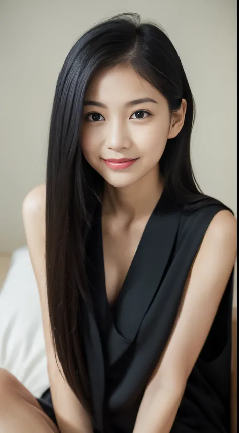 ((Best Quality, 8K, masutepiece:1.3)), beautiful  Girl, pure, Melon face, gentle and cute, Sweet smile, pure lust, Thin body, (Frontal), (Head Tilted), Looking directly at the camera, uniform, Obi, Formal, Black silky long straight hair, long hair flowing ...