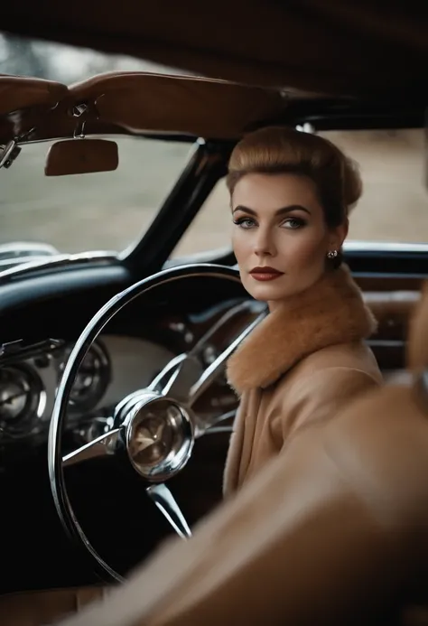 A young American in the 1960s with a regent hairstyle is holding the steering wheel of a sports car.、A sports car is coming from the front.、On the verge of a head-on collision、chicken lace、terror、BDSM、Impressive screen、phot、photoreaslistic