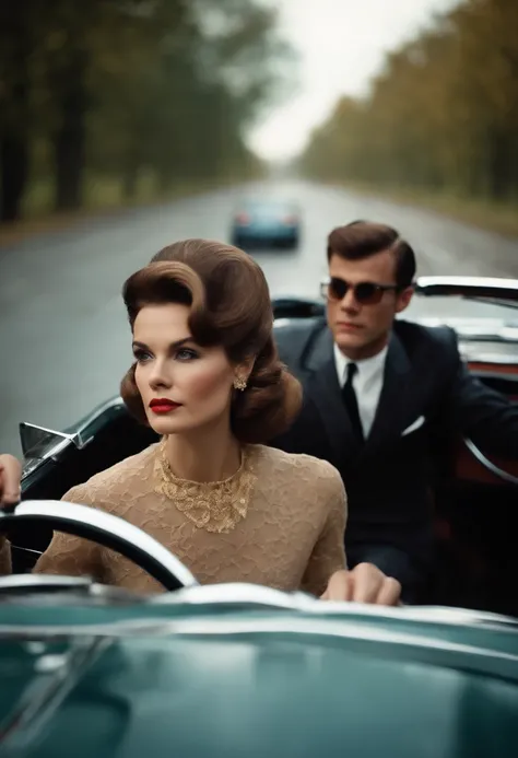 A young American in the 1960s with a regent hairstyle is holding the steering wheel of a sports car.、A sports car is coming from the front.、On the verge of a head-on collision、chicken lace、terror、BDSM、Powerful screen of in-vehicle camera、phot、photoreaslist...