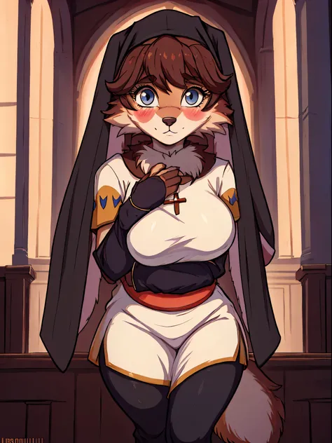(best quality,4k,8k,highres,masterpiece:1.2),ultra-detailed,,Art by Afrobull,Lop,1female anthro,big breasts, ,furry,female canid,anthropomorphic canid, vivid colors,studio lighting,physically-based rendering,sharp focus,masterpiece:1.2, shy, blush, standin...