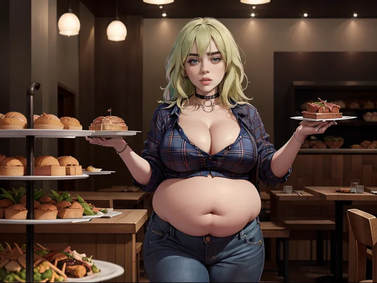 Billie Eilish, masterpiece quality, (masterpiece quality:1.9), realistic, studio lighting, inside restaurant, standing next to buffet table, buffet of food, holding plate full of food, wearing blue jeans, wearing blue plaid shirt, wearing choker collar, bi...