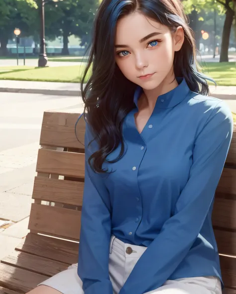 best quality, photorealistic, 8k, high res, full color, 1girl, woman, 20 years old woman, (closed mouth:1.73), (skindentation), (portrait:0.6), street, daylight, full color, ((sleevelessblueshirt:1.58)), looking at viewer:1.8, (1girl eyes looking at viewer...