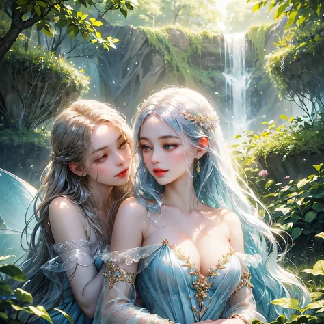 concept-art、（A super beautiful fairy that guides you in nature）、Super beautiful face、Seductive look、elegant see-through dress、silber hair、Smooth hair、Clear skin、seductive lips、Gentle smile、unclear、Mystical depiction、perfect-composition、Masterpiece、4K