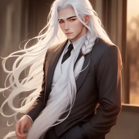 A handsome man with long white hair and red eyes, realist