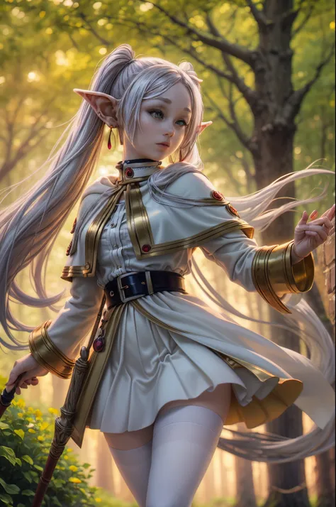 "((Realistic)) portrayal of ((Frieren)), spellbinding ((magic staff)) held against the backdrop of a mystical forest, dynamic cloud formations, ((golden hour glow)), ((exquisite details)), high resolution"twintails, very long hair, silver hair, pointy ears...