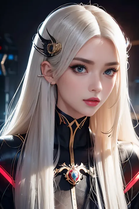 Portrait of a beautiful girl with wavy white hair, wearing a formal black dress with metal parts, red eyes, monograms in the background, digital painting, dark colours, 8k, complex details, vintage, retro futuristic style, sharp focus on the centre, pastel...