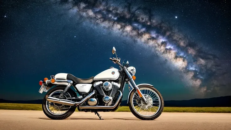 Motocicleta estilo custon, in the space, contemplated the galaxy