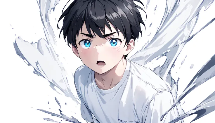 1boy, short black hair, blue eyes, well-defined and slightly arched eyebrows wearing plain white shirt, denim pants, detailed face, looks shocked, white background, high res, ultra sharp, 8K, master piece, looking at viewer.