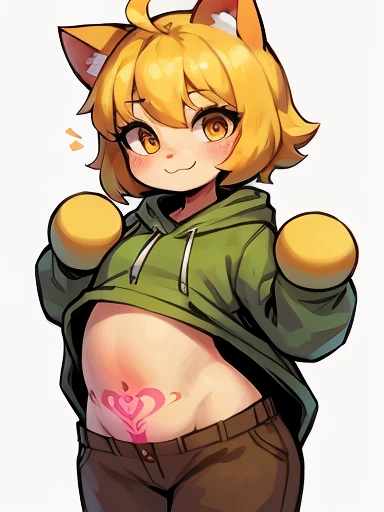 Yellow hair, Yellowish orange fur, green hoodie, brown pants, female, neco arc, cat, lifting up jacket with both hands, showing stomach, cute womb tattoo, mons pubis