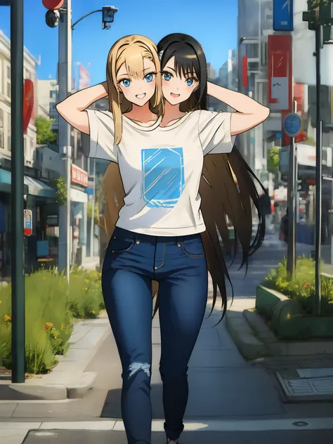 (2heads:1.7), 1girl, (asuna), (marin), (1girl has black hair:1.3), (1girl has blonde hair:1.3) blue eyes, very long hair, t-shir...