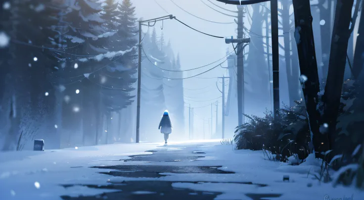 a person wandering a road at night, only one person, snowfall, dull blue colors, dark, lonely, beautiful, somber, Oil painting style, representing loneliness, light particles, sunlight, sparkle,