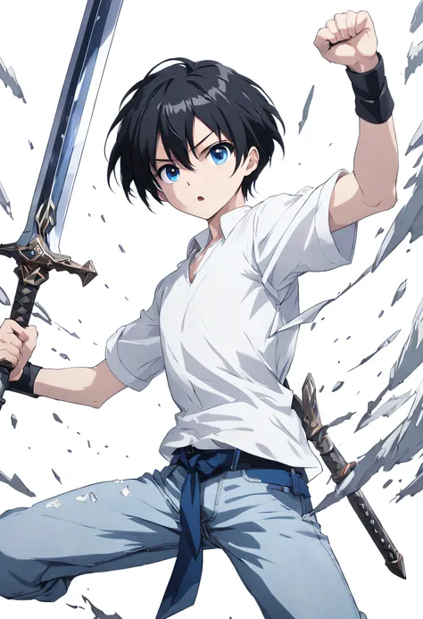 a cinematic still from an anime movie, 1boy, short black hair, blue eyes, well-defined and slightly arched eyebrows wearing plai...