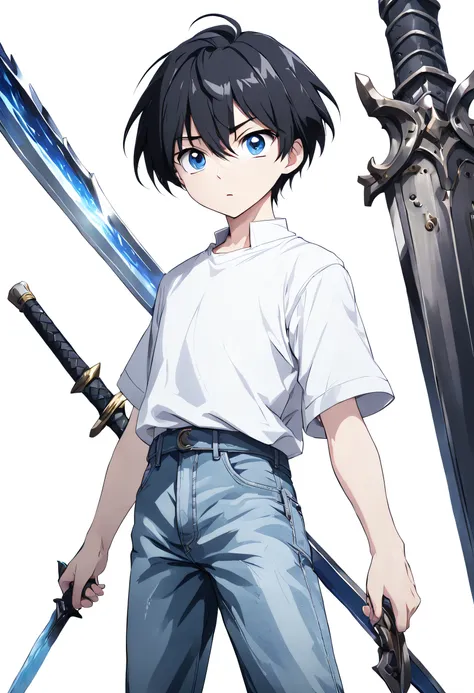 a cinematic still from an anime movie, 1boy, short black hair, blue eyes, well-defined and slightly arched eyebrows wearing plain white shirt, denim pants, detailed face, looks shocked, side standing pose, hands to the front, holding great sword, white bac...