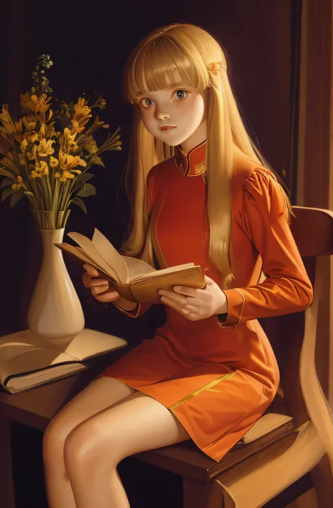 1girl, solo, diagonal light, long hair, looking at viewer, sitting, simole background, book, vase, long sleeves, blonde hair, ba...