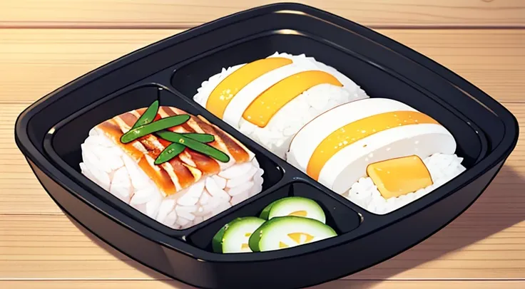 On a blank background Create an image of a Japanese Prison style bento box with a black outline. The bento box should be simple and utilitarian, reflecting the minimalistic and functional approach typical in a prison setting. The box itself is made of stai...