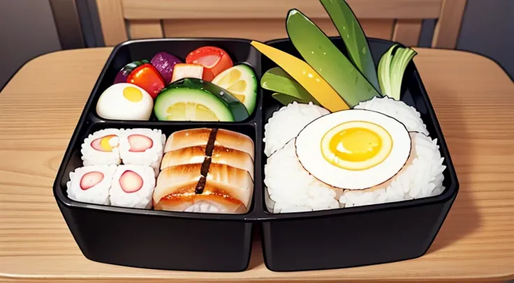 On a blank background Create an image of a Japanese Prison style bento box with a black outline. The bento box should be simple and utilitarian, reflecting the minimalistic and functional approach typical in a prison setting. The box itself is made of stai...