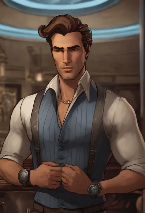 Handsome Jack standing in front of his private art collection, admiring a portrait of himself with a smug expression,Borderlands 2,Appearance: Handsome Jack from Borderlands

Description: Handsome Jacks appearance is distinctive and memorable, reflecting h...