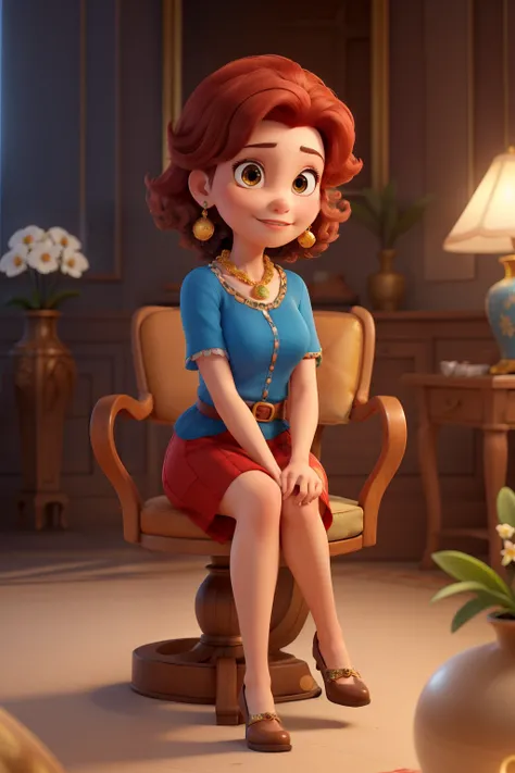 disney pixar design, woman with a white skin and big brown eyes, extremely short red hair, wearing royal a sexy blue blouse with thin straps. She is sitting in a hair salon armchair, right next to a golden decorative vase styled like an amphora with white ...