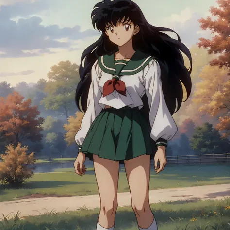 best quality, tmasterpiece, ((the anime)) ((colored)) hd, kagome higurashi, 1girl, high school uniform, standing, green skirt, h...