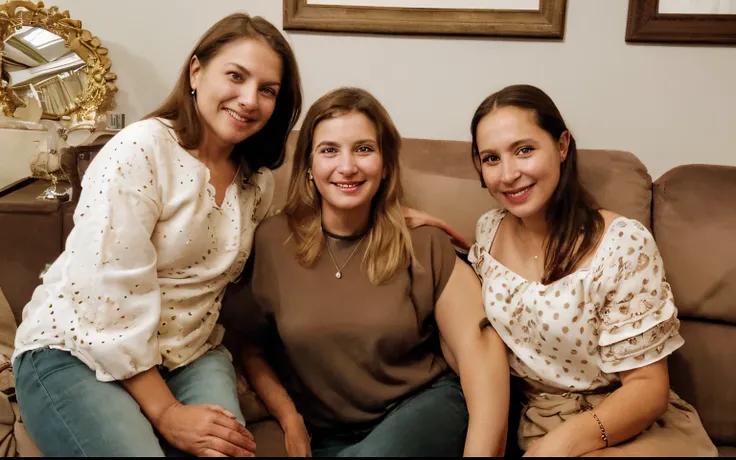 Three women sitting on a sofa smiling at the camera, divertindo-se, imagem de perfil, not cropped, Divirta-se, sitting on the couch, Three women, crisp detail, foto assustadora, mulheres bonitas, on a couch, fim de uma era, at the sitting couch, 3 Maria, 3...