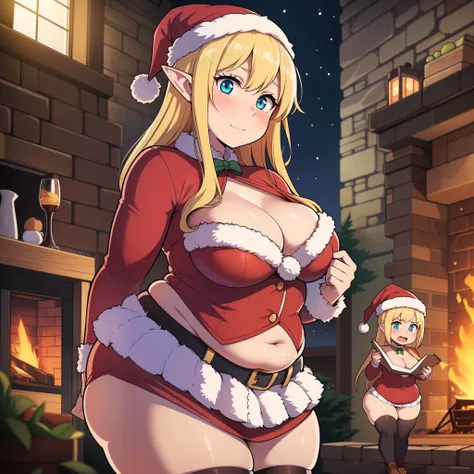 ((highres)), Masterpiece, high quality, best quality, beautiful, perfect lighting, detailed face, ultra cute face, elf ears, cowboy shot, ((2girls)), (blush), one girl has blonde hair, blue eyes, one girl has brown hair, green eyes, Santa hat, Santa dress,...